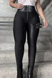 Casual Solid Color Patchwork Zipper Skinny Conventional Patchwork Bottoms