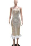 Elegant Sequins Patchwork Feather Hemline Asymmetrical Collar Evening Dresses