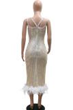 Elegant Sequins Patchwork Feather Hemline Asymmetrical Collar Evening Dresses