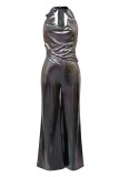Sexy Casual Solid Color Backless Belted Halter Regular Jumpsuits