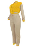 Casual Pocket Buckle Patchwork Contrast O Neck Long Sleeve Two Pieces