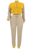 Casual Pocket Buckle Patchwork Contrast O Neck Long Sleeve Two Pieces