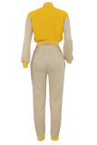 Casual Pocket Buckle Patchwork Contrast O Neck Long Sleeve Two Pieces