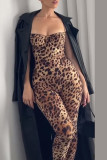 Casual Leopard Print Patchwork Backless Spaghetti Strap Skinny Jumpsuits