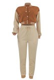 Casual Pocket Buckle Patchwork Contrast O Neck Long Sleeve Two Pieces