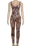 Casual Leopard Print Patchwork Backless Spaghetti Strap Skinny Jumpsuits