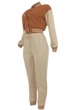 Casual Pocket Buckle Patchwork Contrast O Neck Long Sleeve Two Pieces