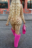 Casual Leopard Print Patchwork Zipper Hooded Long Sleeve Two Pieces