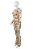 Casual Leopard Print Patchwork Zipper Hooded Long Sleeve Two Pieces