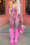 Casual Leopard Print Patchwork Zipper Hooded Long Sleeve Two Pieces