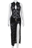 Sexy Solid Color Lace Hollow Out High Slit O Neck Long Dresses