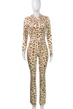 Casual Leopard Print Patchwork Zipper Hooded Long Sleeve Two Pieces