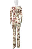 Casual Leopard Print Patchwork Zipper Hooded Long Sleeve Two Pieces