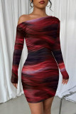 Casual Print Patchwork Oblique Collar Wrapped Skirt Dresses