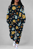 Casual Street Floral Print Leopard Draw String Pocket O Neck Long Sleeve Two Pieces