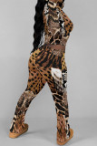 Street Geometric Print Flowers Leopard Contrast O Neck Long Sleeve Two Pieces