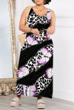 Casual Butterfly Chain print Leopard Pocket Contrast V Neck Loose Jumpsuits