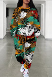 Casual Street Floral Print Leopard Draw String Pocket O Neck Long Sleeve Two Pieces