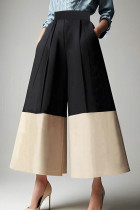 Casual Pocket Contrast Boot Cut Mid Waist Wide Leg Patchwork Bottoms