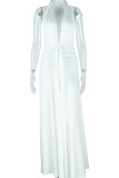 Elegant Solid Color Backless High Slit V Neck Long Dresses