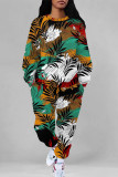 Casual Street Floral Print Leopard Draw String Pocket O Neck Long Sleeve Two Pieces