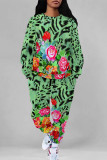 Casual Street Floral Print Leopard Draw String Pocket O Neck Long Sleeve Two Pieces