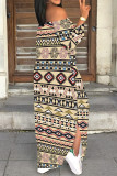Sexy National Totem Print Lace Up Slit Contrast Off Shoulder Irregular Dresses
