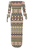Sexy National Totem Print Lace Up Slit Contrast Off Shoulder Irregular Dresses