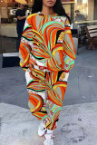 Casual Street Camouflage Print Stripe Draw String Pocket Contrast O Neck Long Sleeve Two Pieces