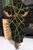 Casual Chain print Leopard Pocket Contrast O Neck Printed Plus Size Dresses