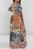 Elegant Geometric Print Animal Print Pocket Lace Up Contrast O Neck Printed Dresses