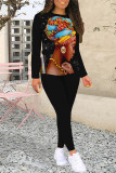 Casual Street Graffiti Print Contrast O Neck Long Sleeve Two Pieces