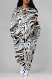 Casual Street Camouflage Print Stripe Draw String Pocket Contrast O Neck Long Sleeve Two Pieces