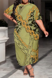 Casual Chain print Leopard Pocket Contrast O Neck Printed Plus Size Dresses
