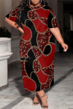 Casual Chain print Leopard Pocket Contrast O Neck Printed Plus Size Dresses
