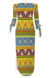 Sexy National Totem Print Lace Up Slit Contrast Off Shoulder Irregular Dresses