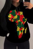 Casual Stripe Map Printing Draw String Pocket Hooded Tops