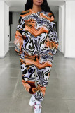 Casual Street Camouflage Print Stripe Draw String Pocket Contrast O Neck Long Sleeve Two Pieces
