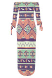Sexy National Totem Print Lace Up Slit Contrast Off Shoulder Irregular Dresses