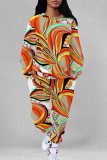Casual Street Camouflage Print Stripe Draw String Pocket Contrast O Neck Long Sleeve Two Pieces