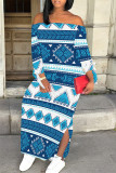 Sexy National Totem Print Lace Up Slit Contrast Off Shoulder Irregular Dresses