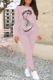 Casual Street Graffiti Print Contrast O Neck Long Sleeve Two Pieces