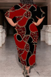 Casual Chain print Leopard Pocket Contrast O Neck Printed Plus Size Dresses