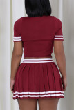 Casual Stripe Buttons Patchwork Turndown Collar Short Sleeve Two Pieces