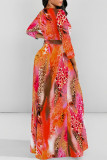 Elegant Geometric Print Animal Print Pocket Lace Up Contrast O Neck Printed Dresses