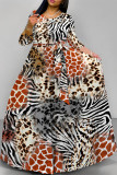 Elegant Geometric Print Animal Print Pocket Lace Up Contrast O Neck Printed Dresses