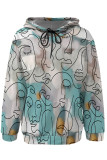 Casual Stripe Map Printing Draw String Pocket Hooded Tops