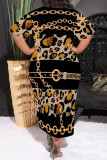 Casual Chain print Leopard Pocket Contrast O Neck Printed Plus Size Dresses