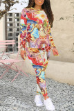 Casual Street Graffiti Print Contrast O Neck Long Sleeve Two Pieces