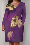 Casual Striped Print Pocket Contrast V Neck Printed Plus Size Dresses